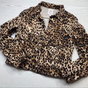 Leopard Print Button Front Light Denim Jacket